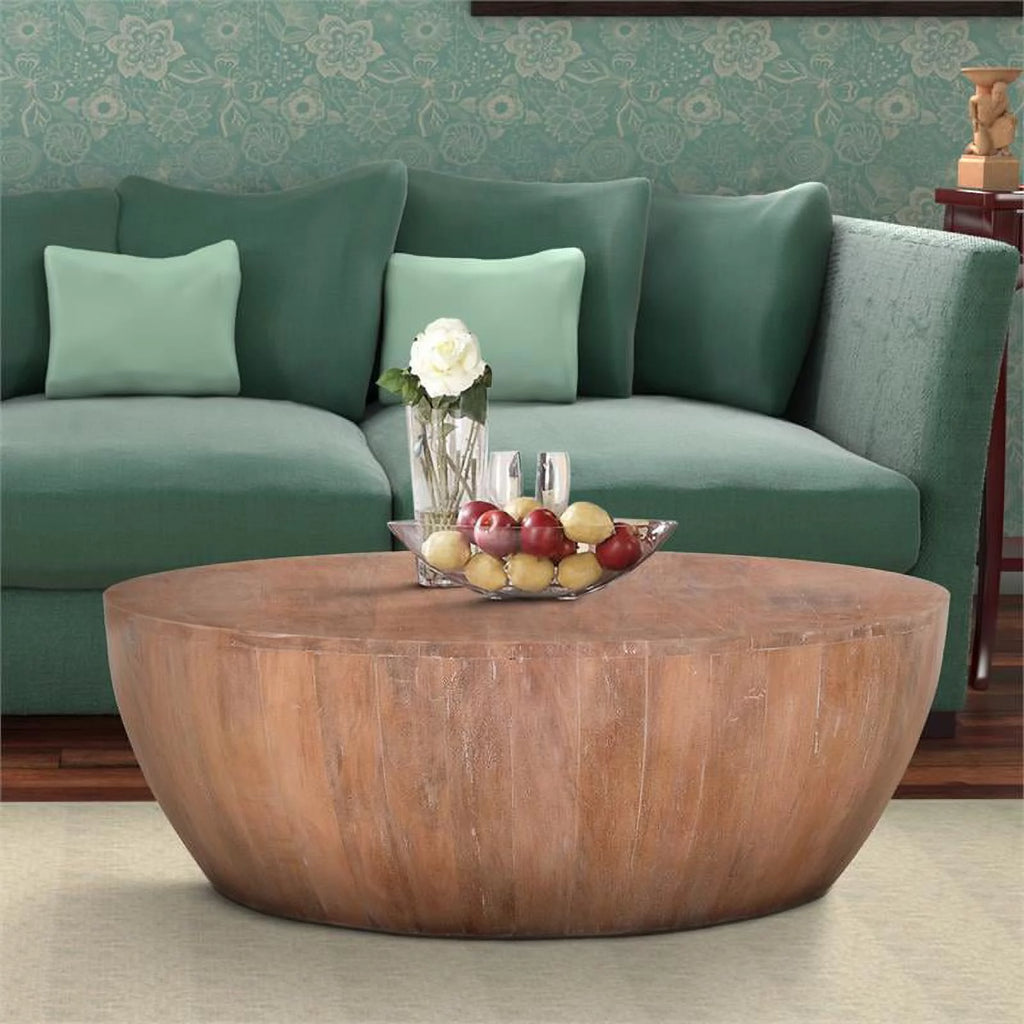 35.5" Drum Shaped Wood Coffee Table Brown F419
