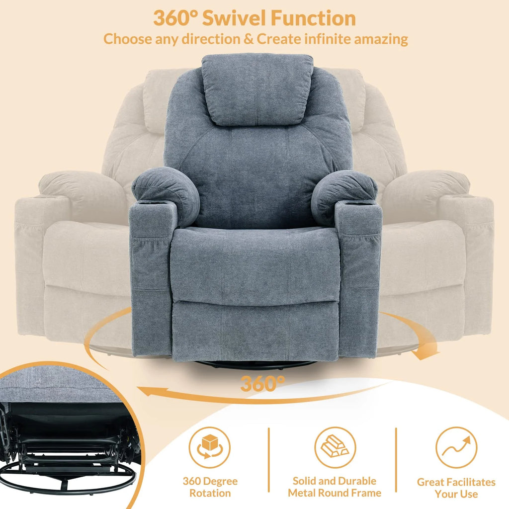 Gray-Blue Swivel Rocker Recliner Chair with Heated Massage U1353