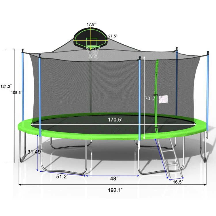16 FT Trampoline with Basketball Hoop, Enclosure, Waterproof Mat and Ladder N740