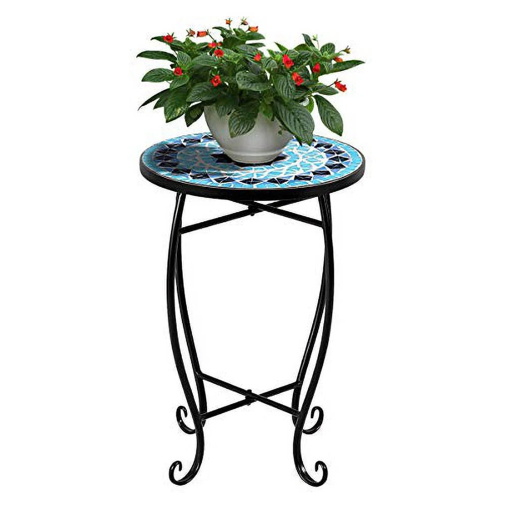 Round 14 Inch Mosaic Side Table with Glass Top and Steel Frame H872