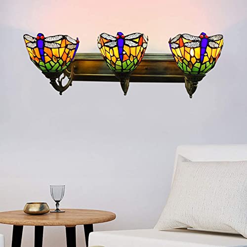 Tiffany Victorian Wall Sconce, 3-Light Vanity Light Fixtures Stained Glass Lampshade Dragonfly Over Mirror Lamp P50587