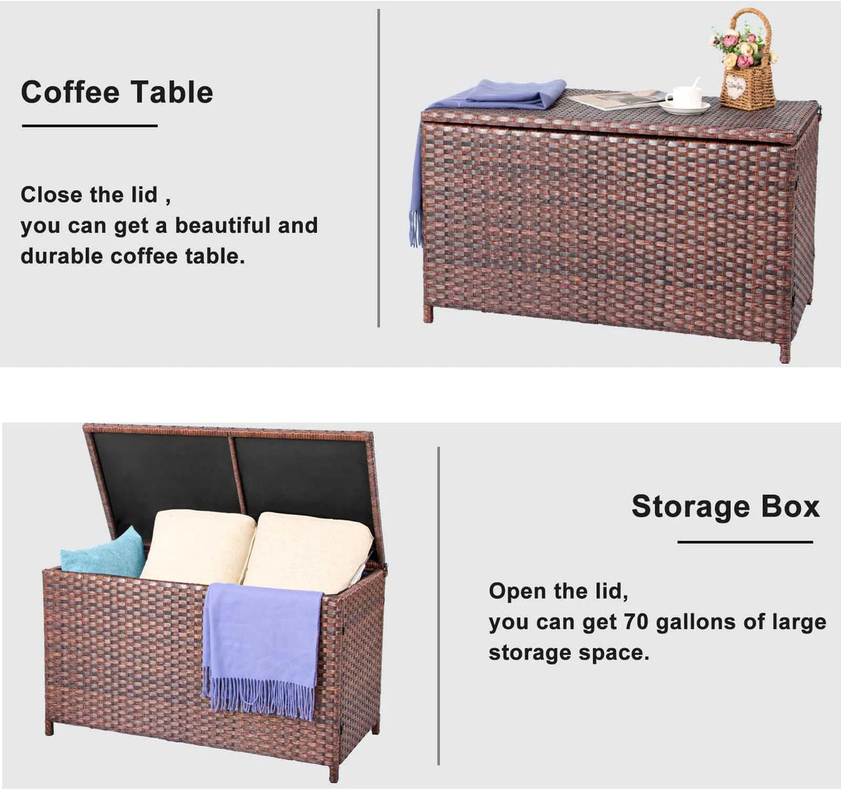 Outdoor Wicker Rattan Storage Box Table 70 Gallon Z75355