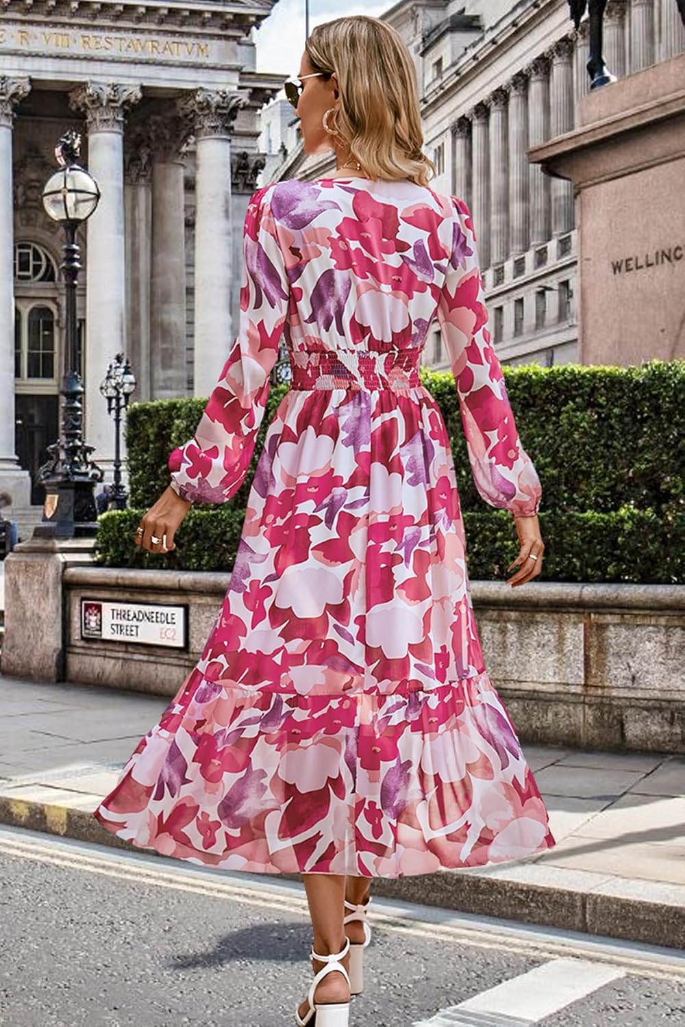 Rose V Neck Long Sleeve Wrap Maxi Dress Chiffon Q2826