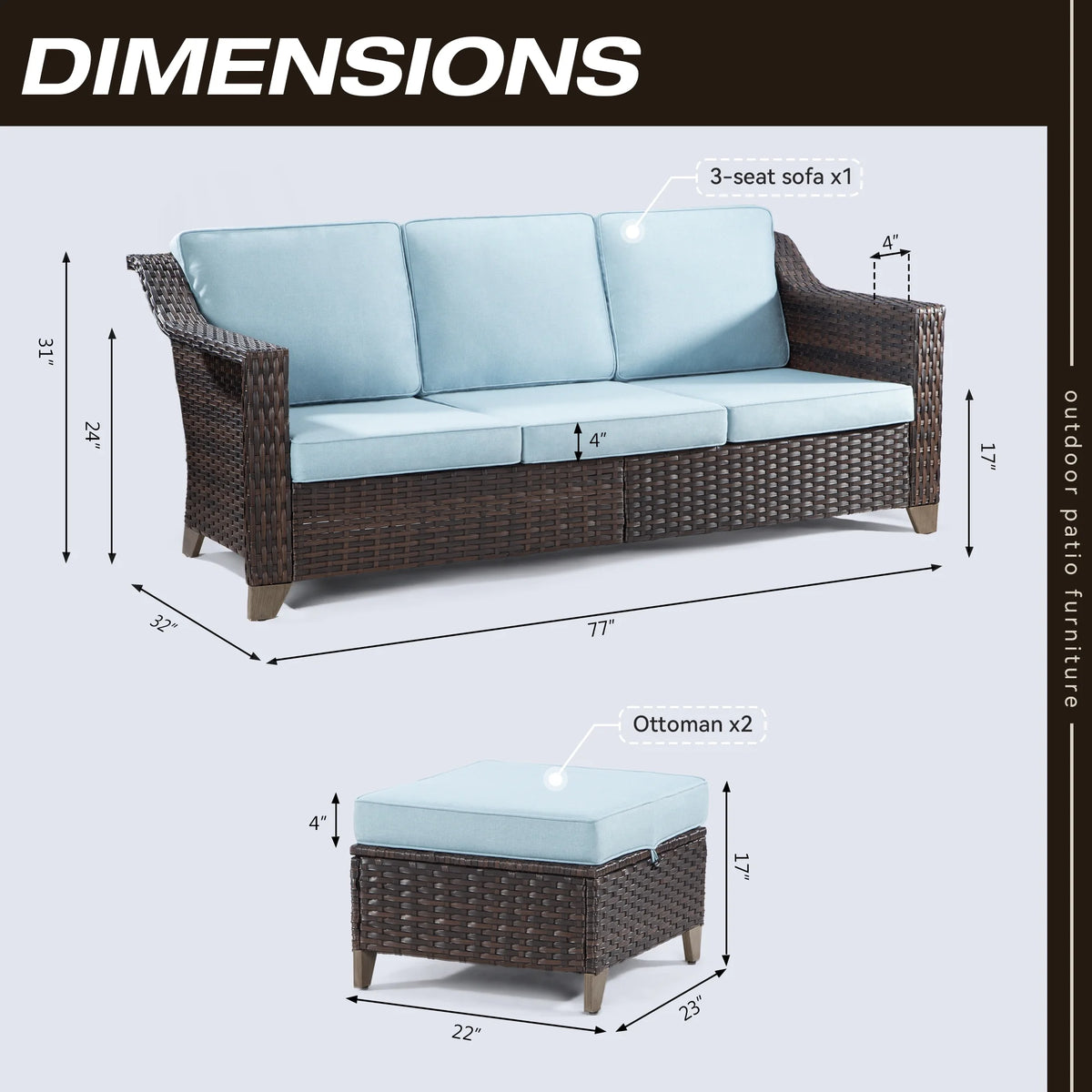 3 Pieces Outdoor Patio Wicker Conversation Set with Cushions, Sky Blue H61411