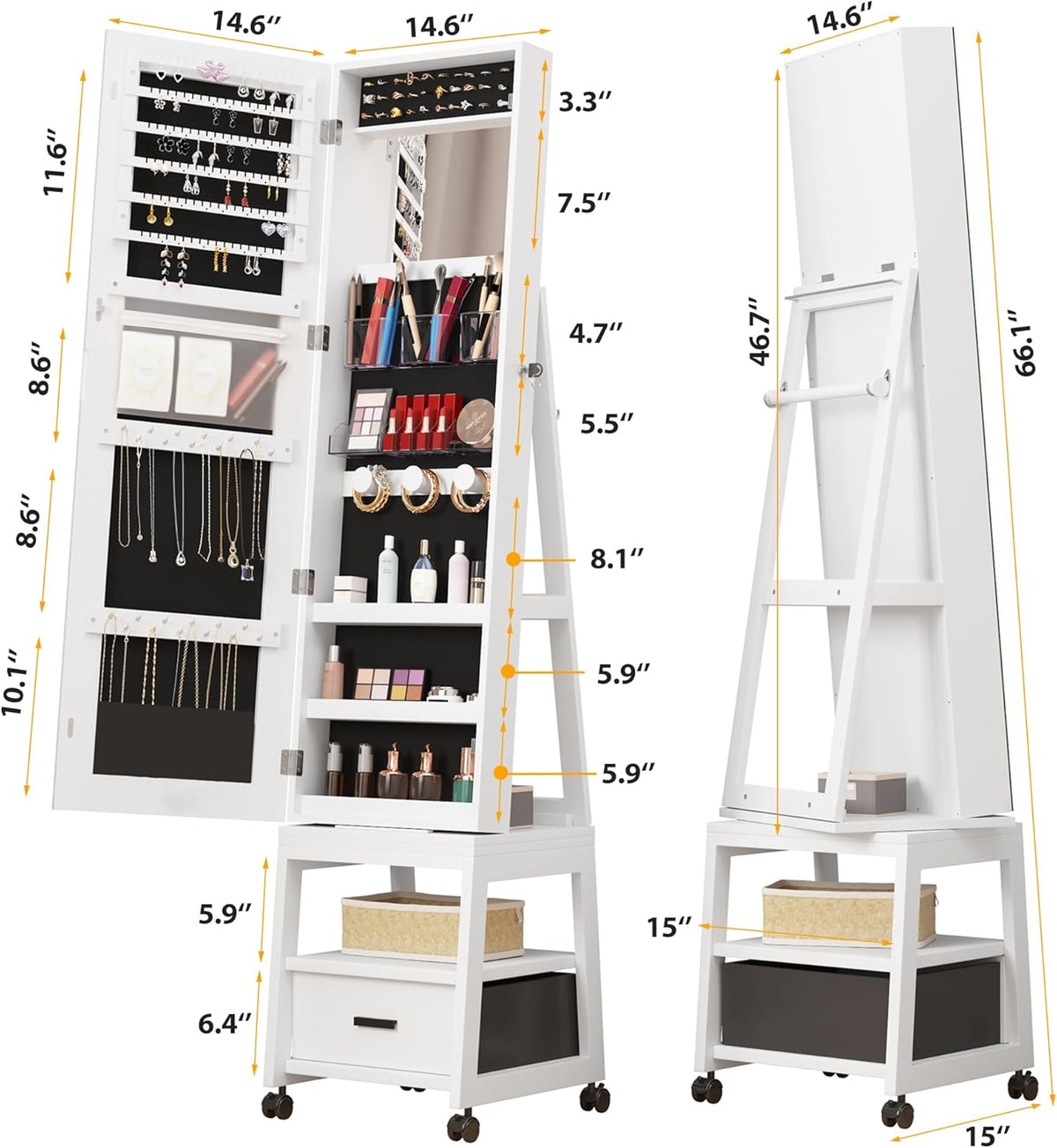 White Floor Standing Jewelry Armoire with Full Length Mirror and Wheels K583799
