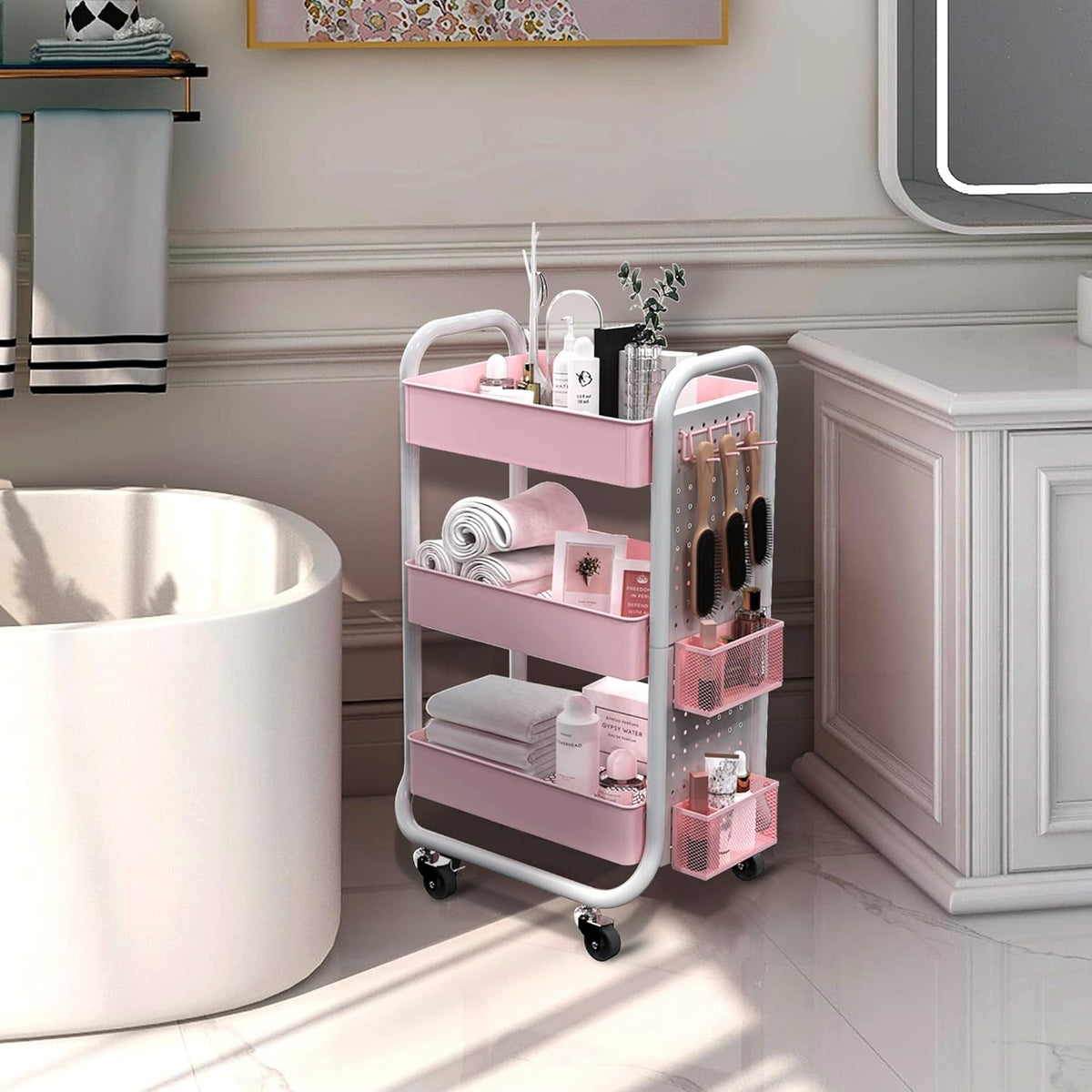 3 Tier Rolling Metal Utility Cart with Hooks Storage Bins M295293