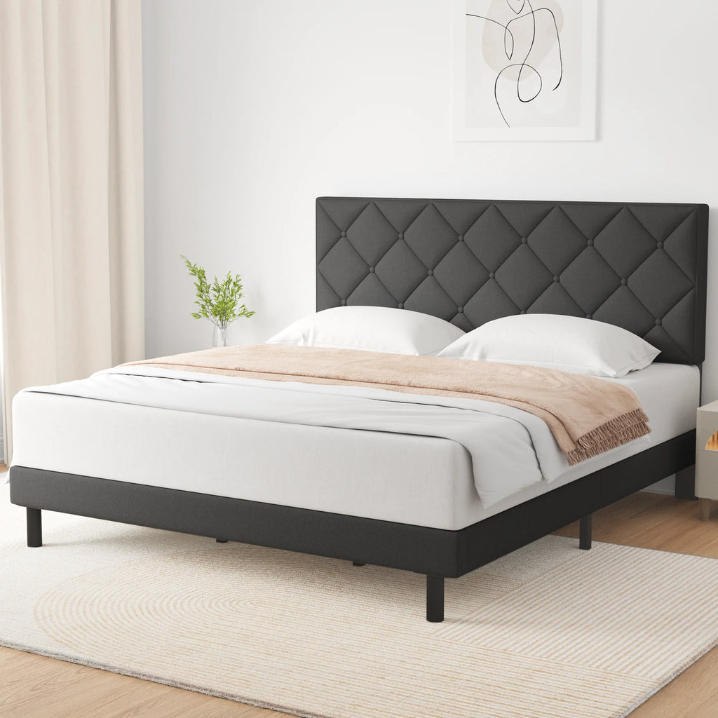 Full Size Bed Frame with Fabric Upholstered Headboard Dark Grey N708644