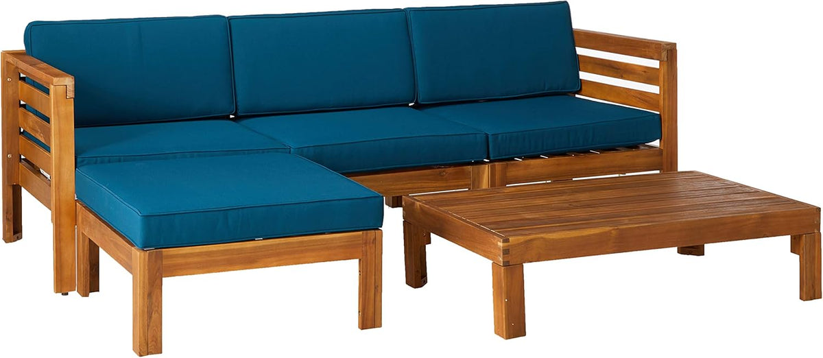 5 Piece Acacia Wood Sofa Set, Teak Finish, Dark Teal Y67716