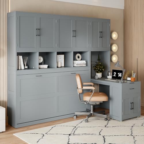 Grey Wooden Twin Murphy Bed with Storage Cabinet and Desk C808681