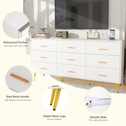 White 9 Drawer Wood Dresser with Charging Station U740