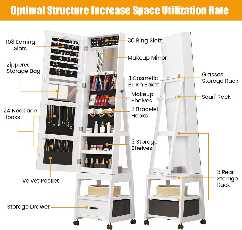 White Floor Standing Jewelry Armoire with Full Length Mirror and Wheels K583799