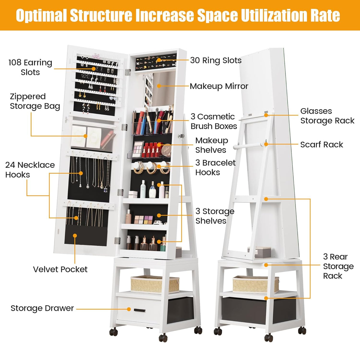 White Floor Standing Jewelry Armoire with Full Length Mirror and Wheels K583799