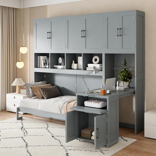 Grey Wooden Twin Murphy Bed with Storage Cabinet and Desk C808681
