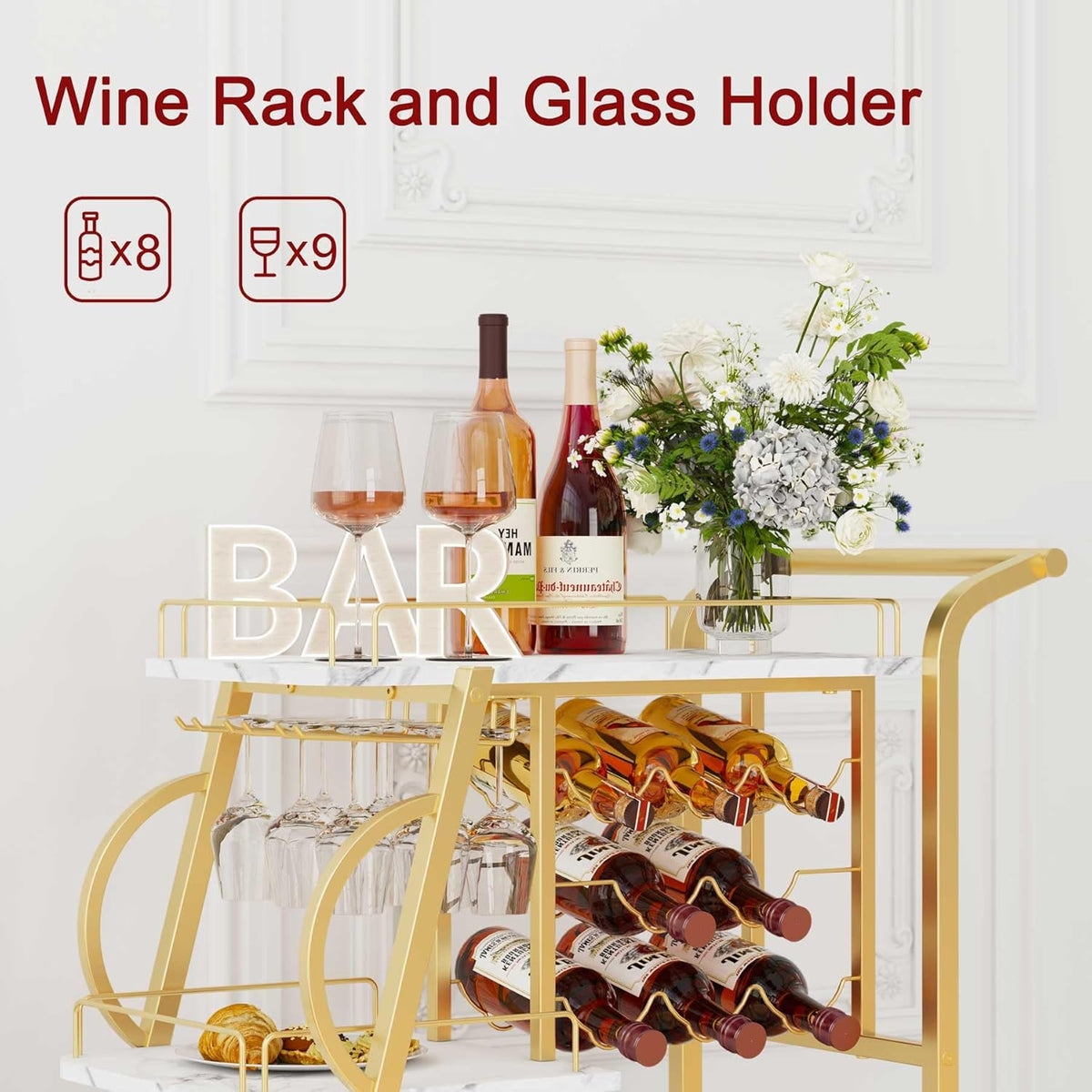 Gold Bar Cart with Wine Rack U984