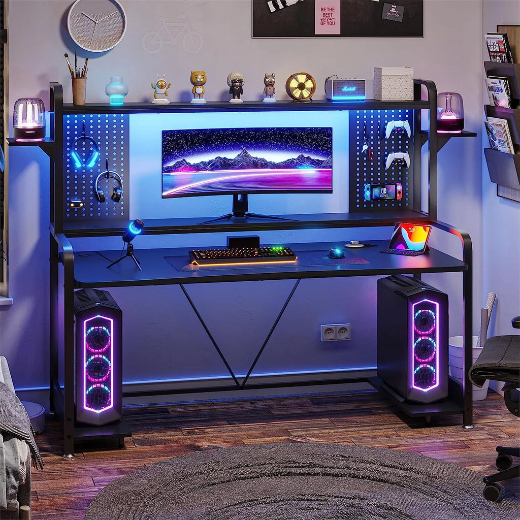55" Gaming Desk with Hutch, Shelves, LED Lights, Pegboard and Monitor Shelf, Black Y13092