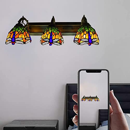 Tiffany Victorian Wall Sconce, 3-Light Vanity Light Fixtures Stained Glass Lampshade Dragonfly Over Mirror Lamp P50587