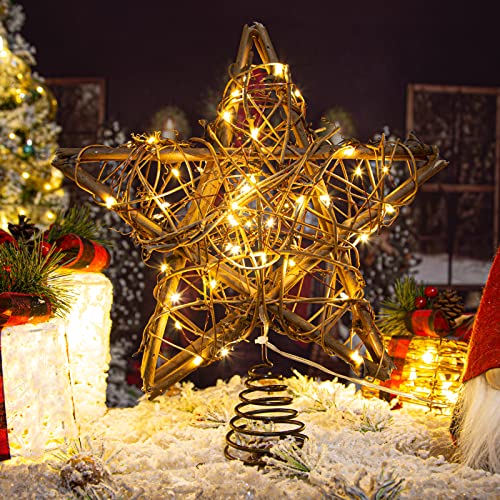 Rattan Natural Star Christmas Tree Topper with 50 Warm LED Lights N372439
