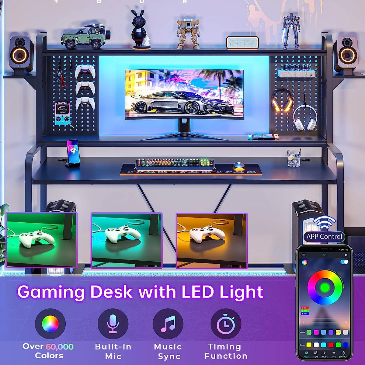 55" Gaming Desk with Hutch, Shelves, LED Lights, Pegboard and Monitor Shelf, Black Y13092