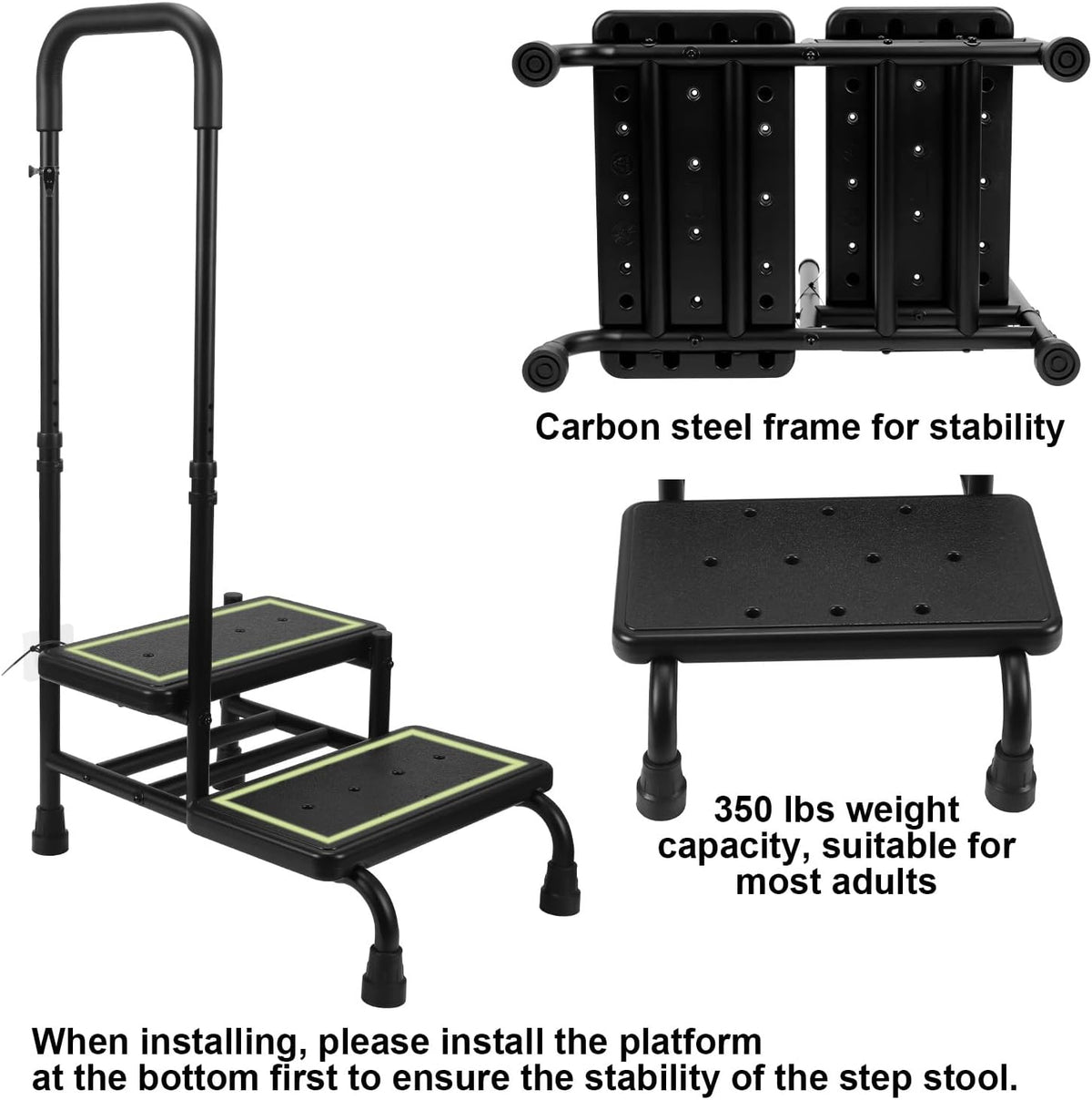 2 Step Stool with Handle, Heavy Duty Step Stool with 4 Fixing Buckle and Adjustable Handrail R672309