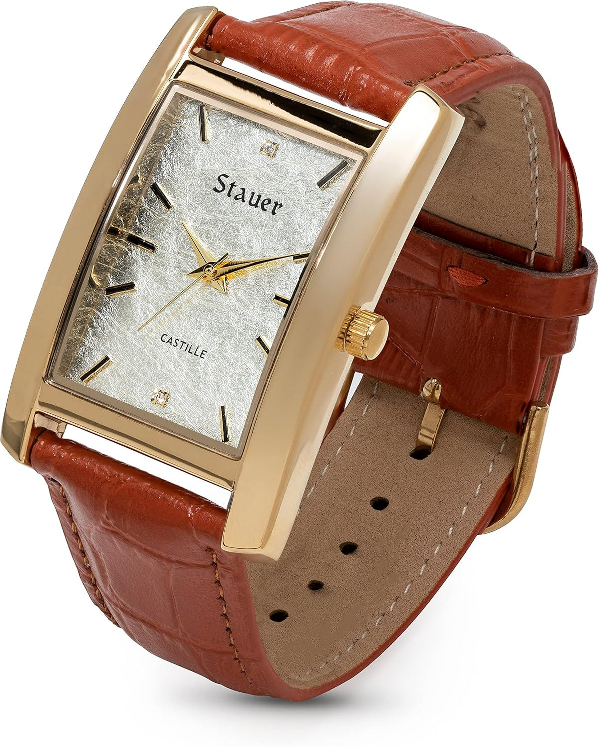 Gold-Finished Analog Watch with Stainless Steel Case, White Gold Dial & Genuine Leather A55359