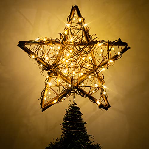 Rattan Natural Star Christmas Tree Topper with 50 Warm LED Lights N372439