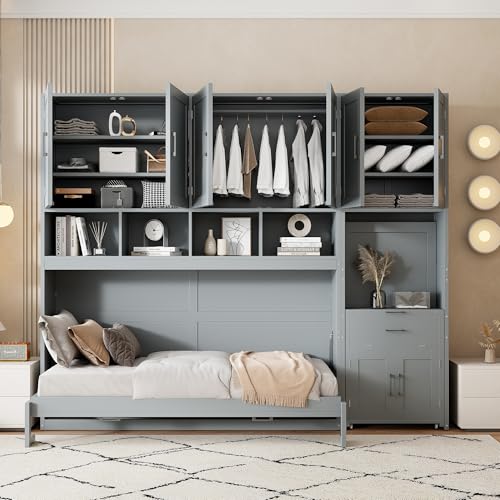 Grey Wooden Twin Murphy Bed with Storage Cabinet and Desk C808681
