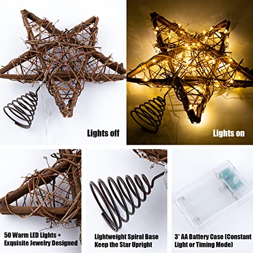 Rattan Natural Star Christmas Tree Topper with 50 Warm LED Lights N372439