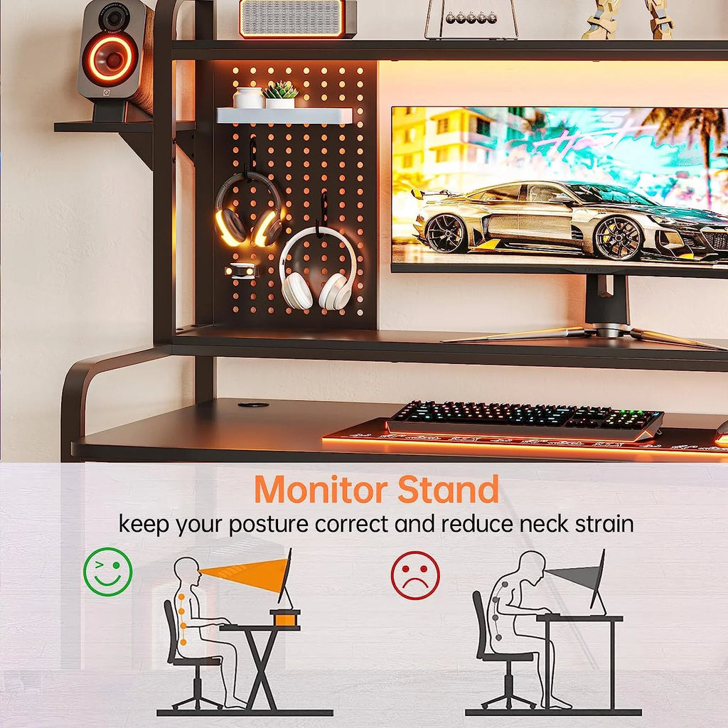 55" Gaming Desk with Hutch, Shelves, LED Lights, Pegboard and Monitor Shelf, Black Y13092