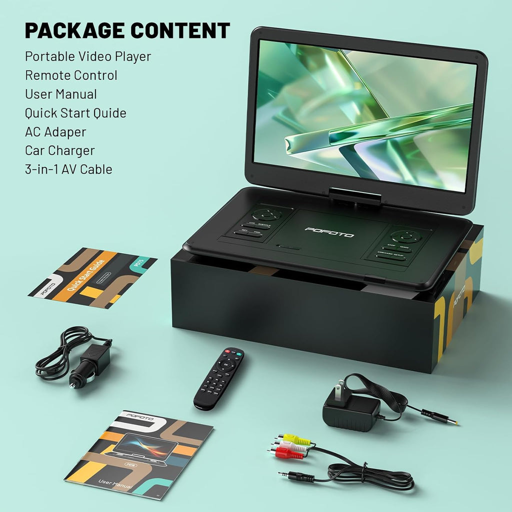 17.5” Portable DVD Player with 15.6” HD Screen, 6 Hours Rechargeable Battery, Dual Speakers, Remote Control, Black I249957