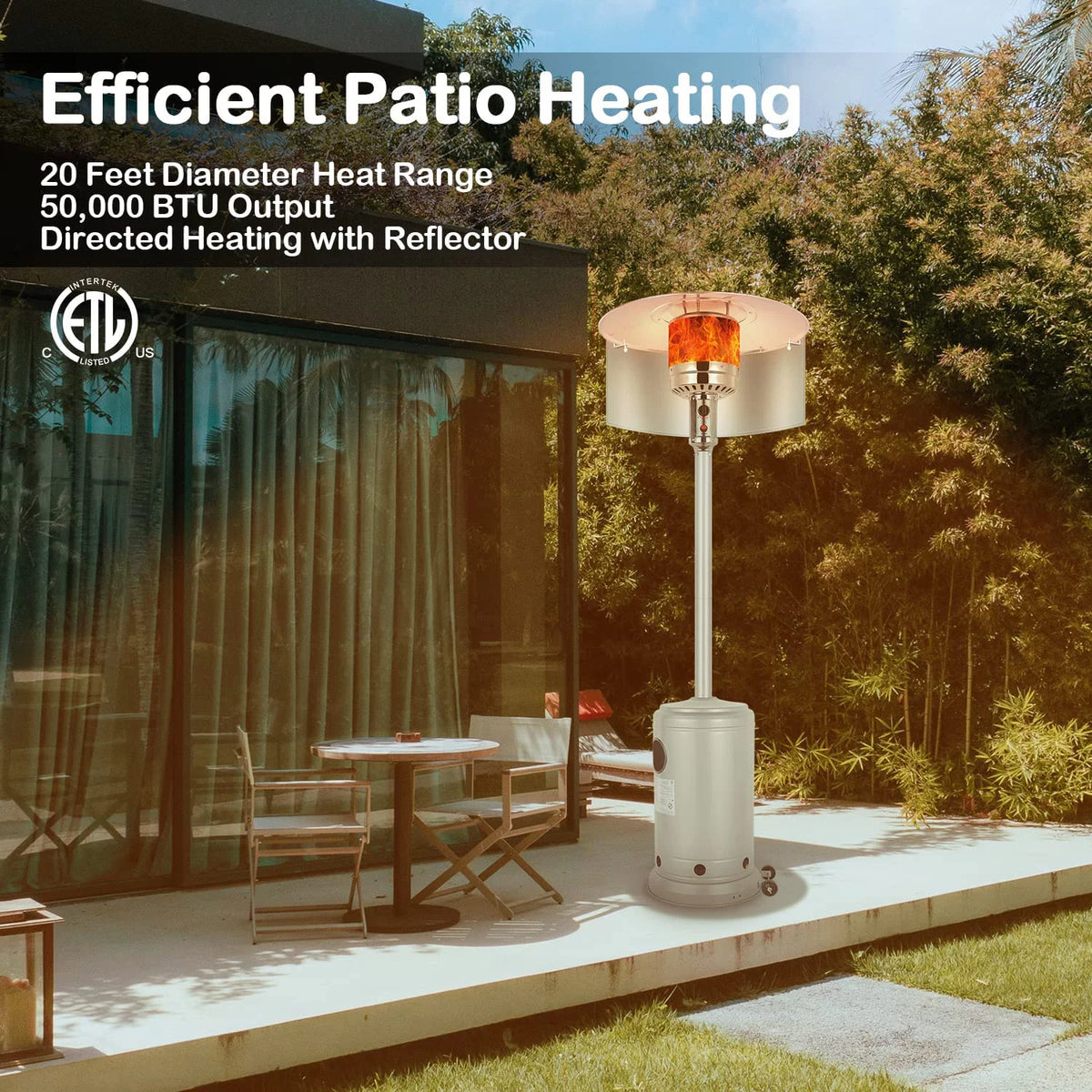 50,000 BTU Propane Patio Heater with Reflector, Stainless Steel Burner, Wheels, Silver U968