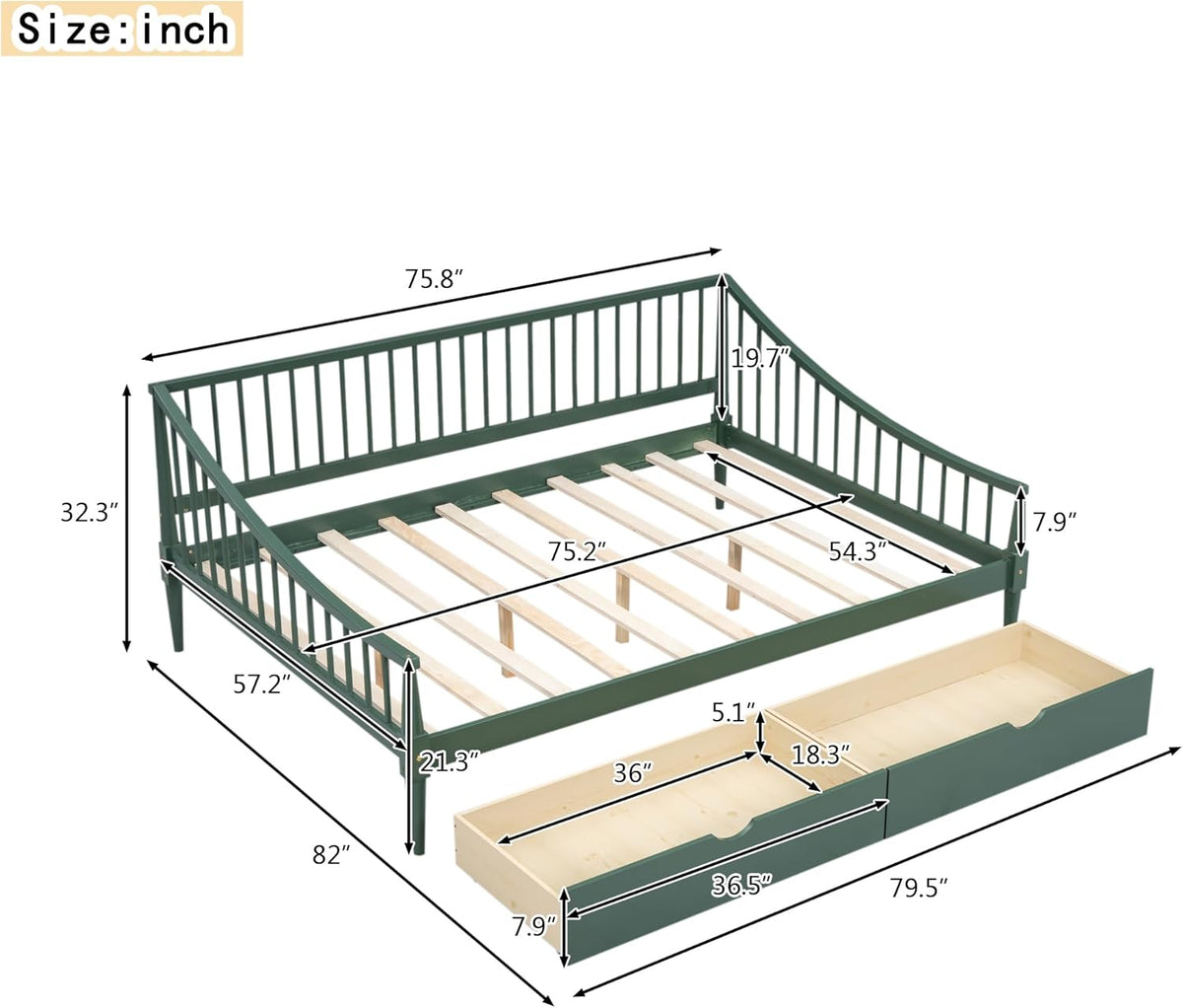 Green Full Size Daybed with Two Drawers Solid Wood Storage Bed Frame D70558
