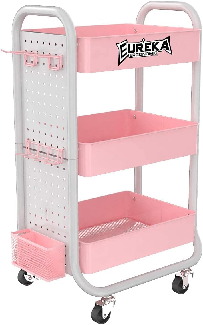 3 Tier Rolling Metal Utility Cart with Hooks Storage Bins M295293