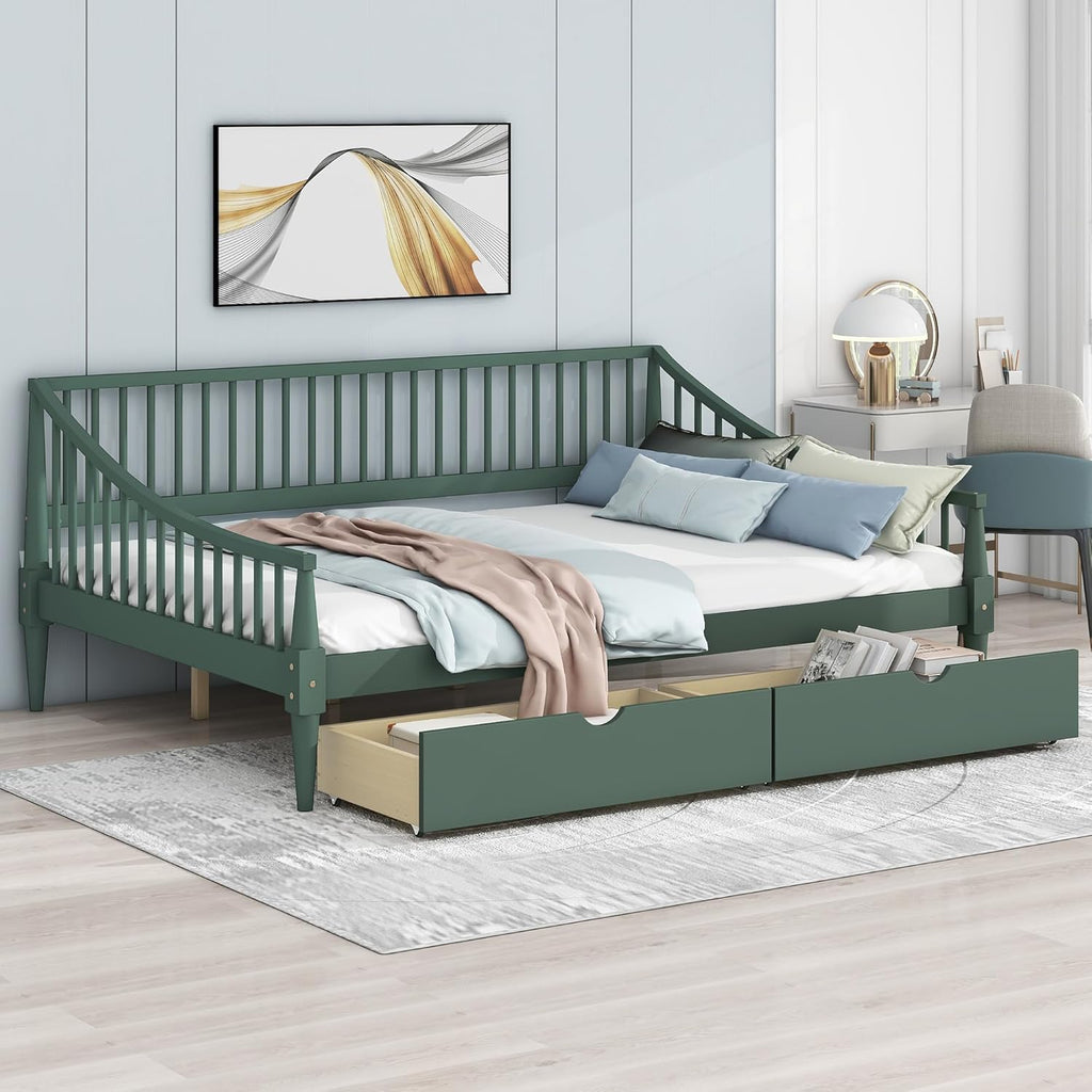 Green Full Size Daybed with Two Drawers Solid Wood Storage Bed Frame D70558