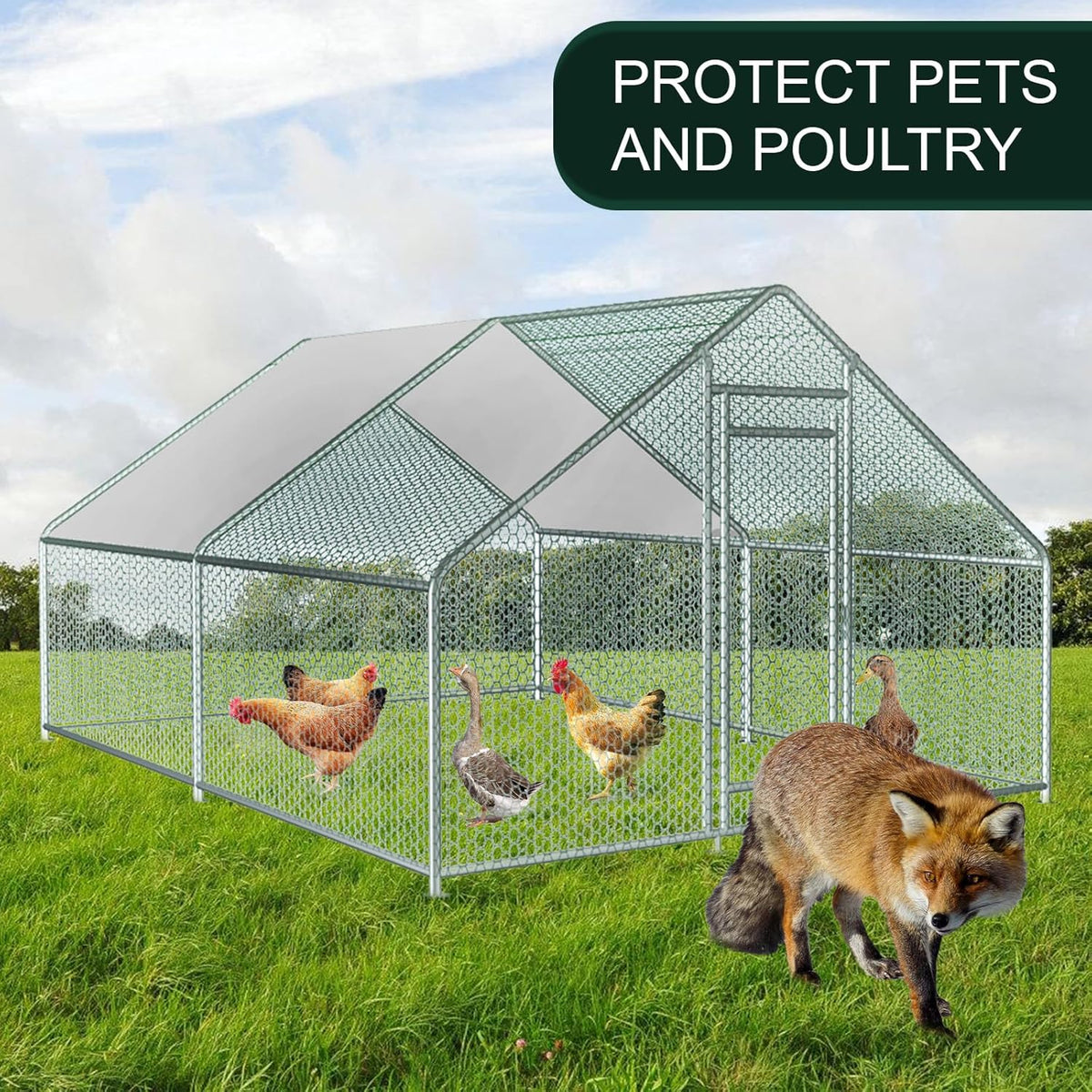 13x10x6.5 FT Metal Chicken Coop with Waterproof Cover D6840