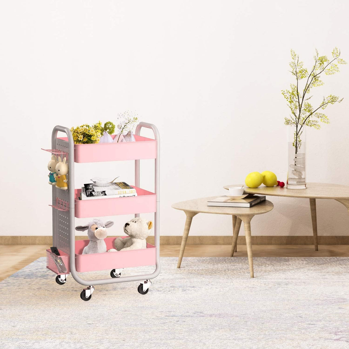 3 Tier Rolling Metal Utility Cart with Hooks Storage Bins M295293