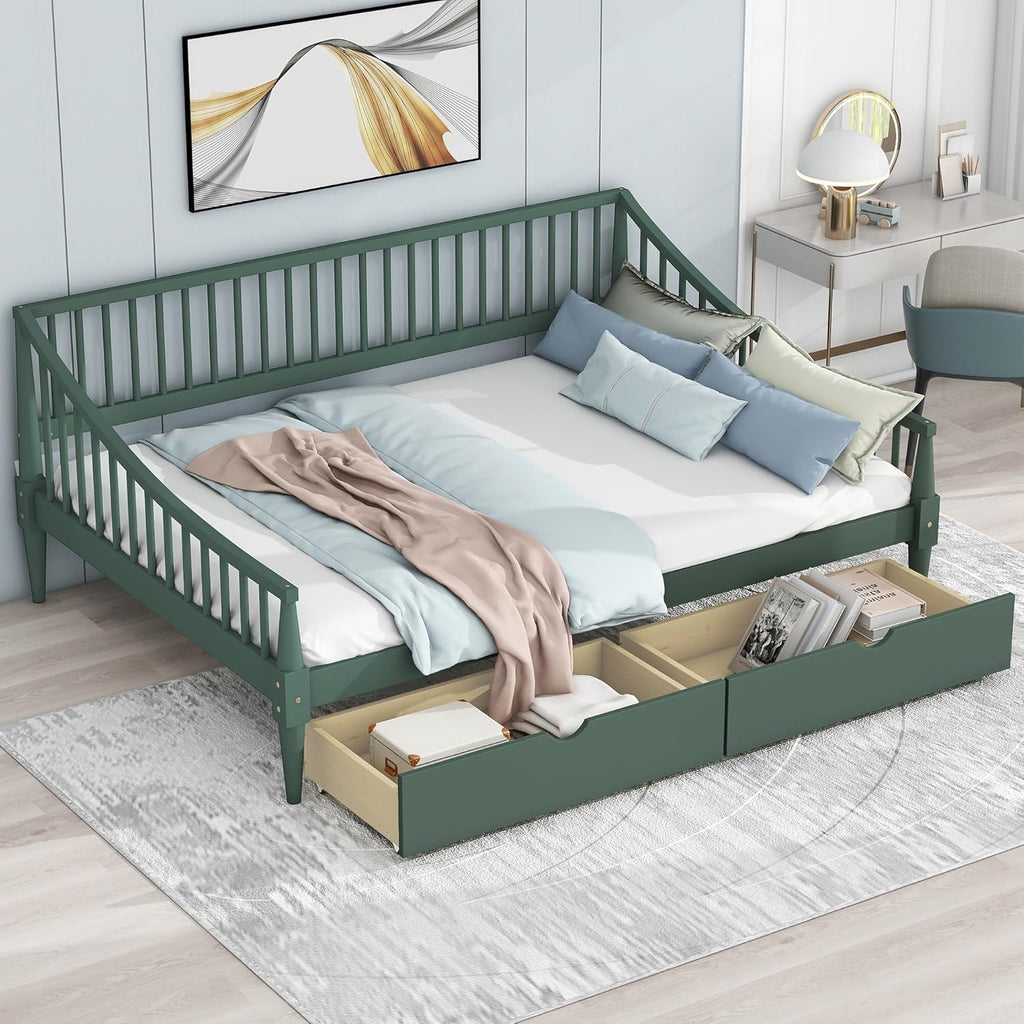 Green Full Size Daybed with Two Drawers Solid Wood Storage Bed Frame D70558