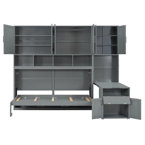 Grey Wooden Twin Murphy Bed with Storage Cabinet and Desk C808681