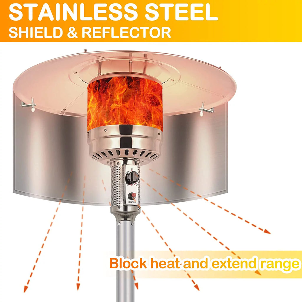 50,000 BTU Propane Patio Heater with Reflector, Stainless Steel Burner, Wheels, Silver U968