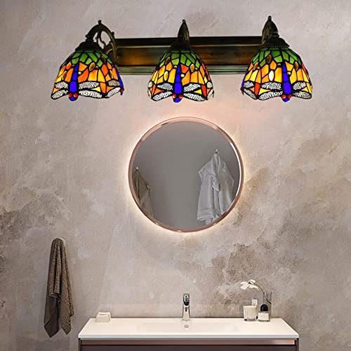 Tiffany Victorian Wall Sconce, 3-Light Vanity Light Fixtures Stained Glass Lampshade Dragonfly Over Mirror Lamp P50587