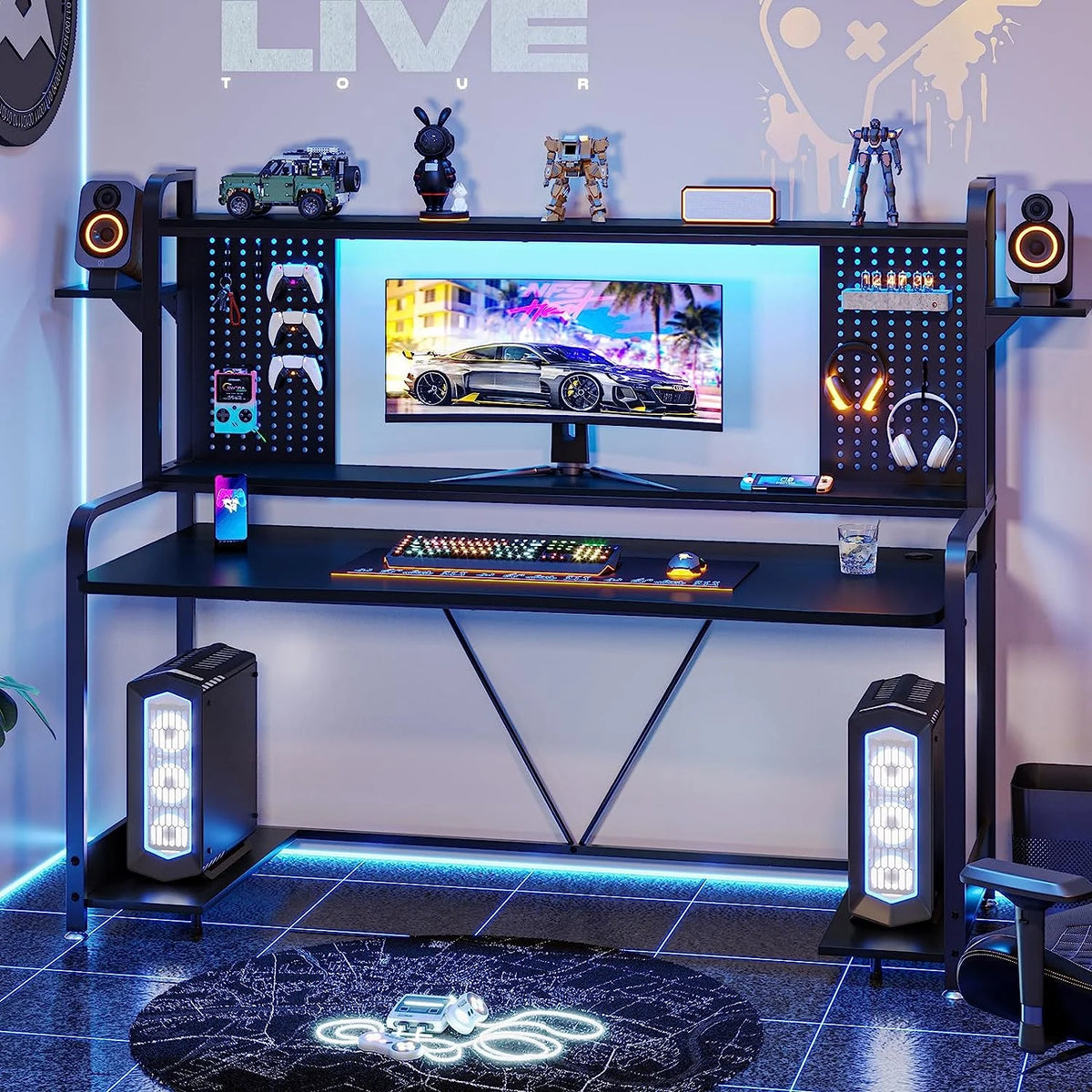 55" Gaming Desk with Hutch, Shelves, LED Lights, Pegboard and Monitor Shelf, Black Y13092