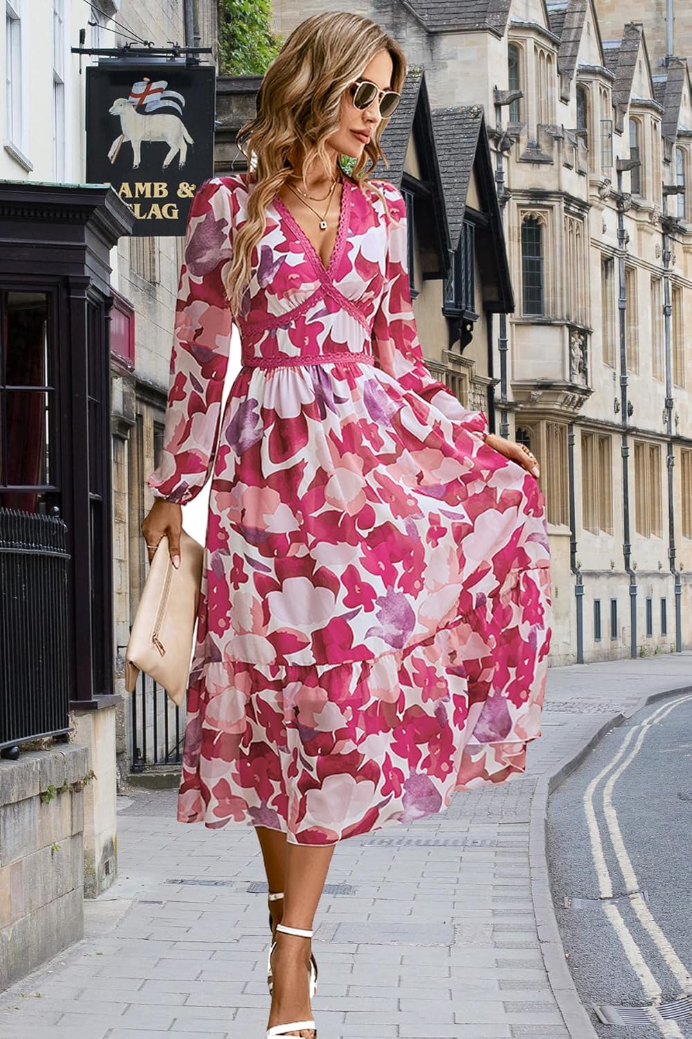 Rose V Neck Long Sleeve Wrap Maxi Dress Chiffon Q2826