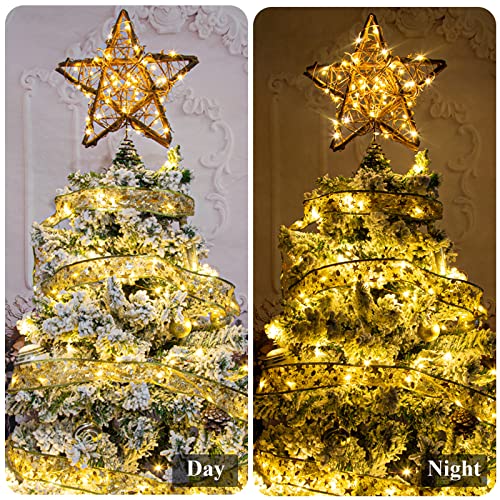 Rattan Natural Star Christmas Tree Topper with 50 Warm LED Lights N372439
