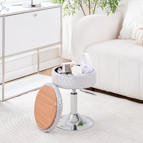 Black Velvet Height Adjustable Swivel Makeup Ottoman Stool with Storage N325134