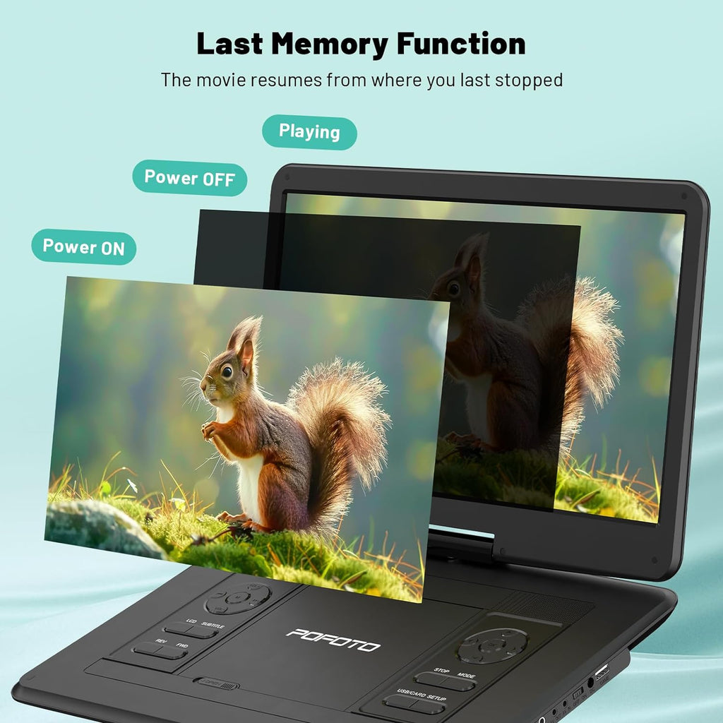 17.5” Portable DVD Player with 15.6” HD Screen, 6 Hours Rechargeable Battery, Dual Speakers, Remote Control, Black I249957