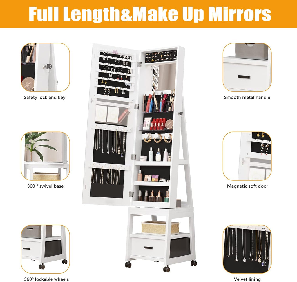 White Floor Standing Jewelry Armoire with Full Length Mirror and Wheels K583799