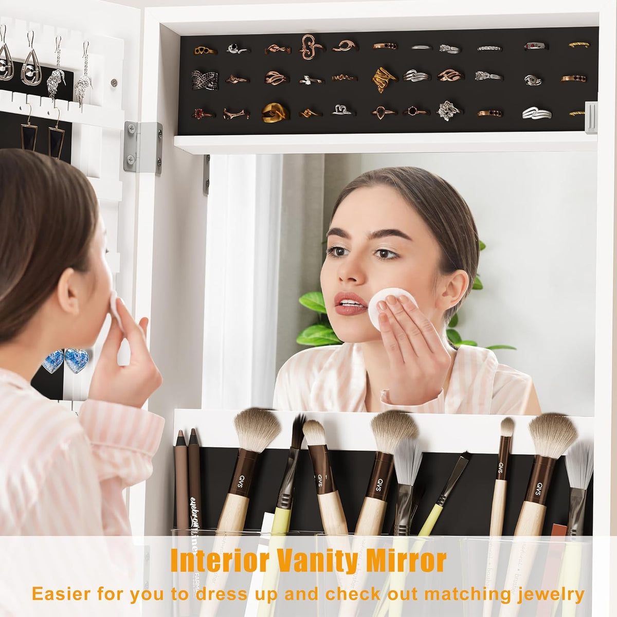 White Floor Standing Jewelry Armoire with Full Length Mirror and Wheels K583799