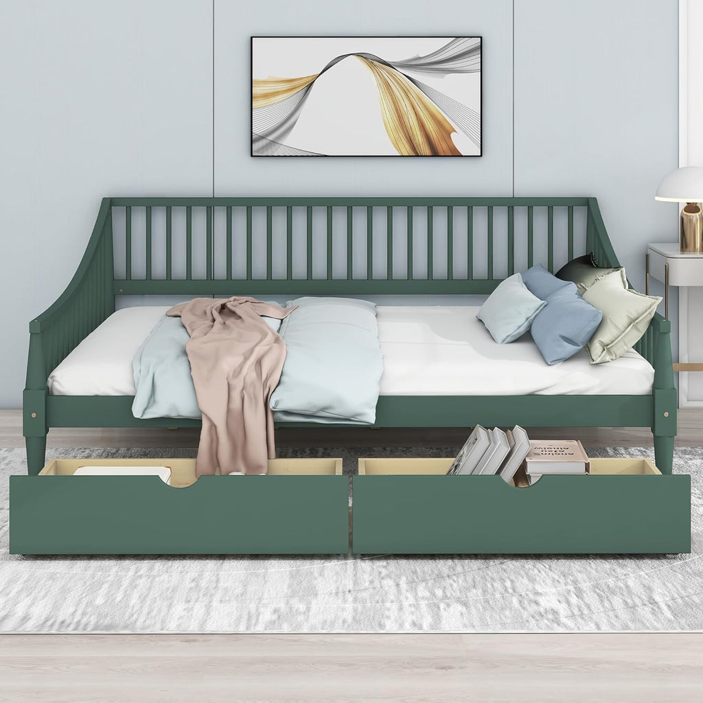 Green Full Size Daybed with Two Drawers Solid Wood Storage Bed Frame D70558