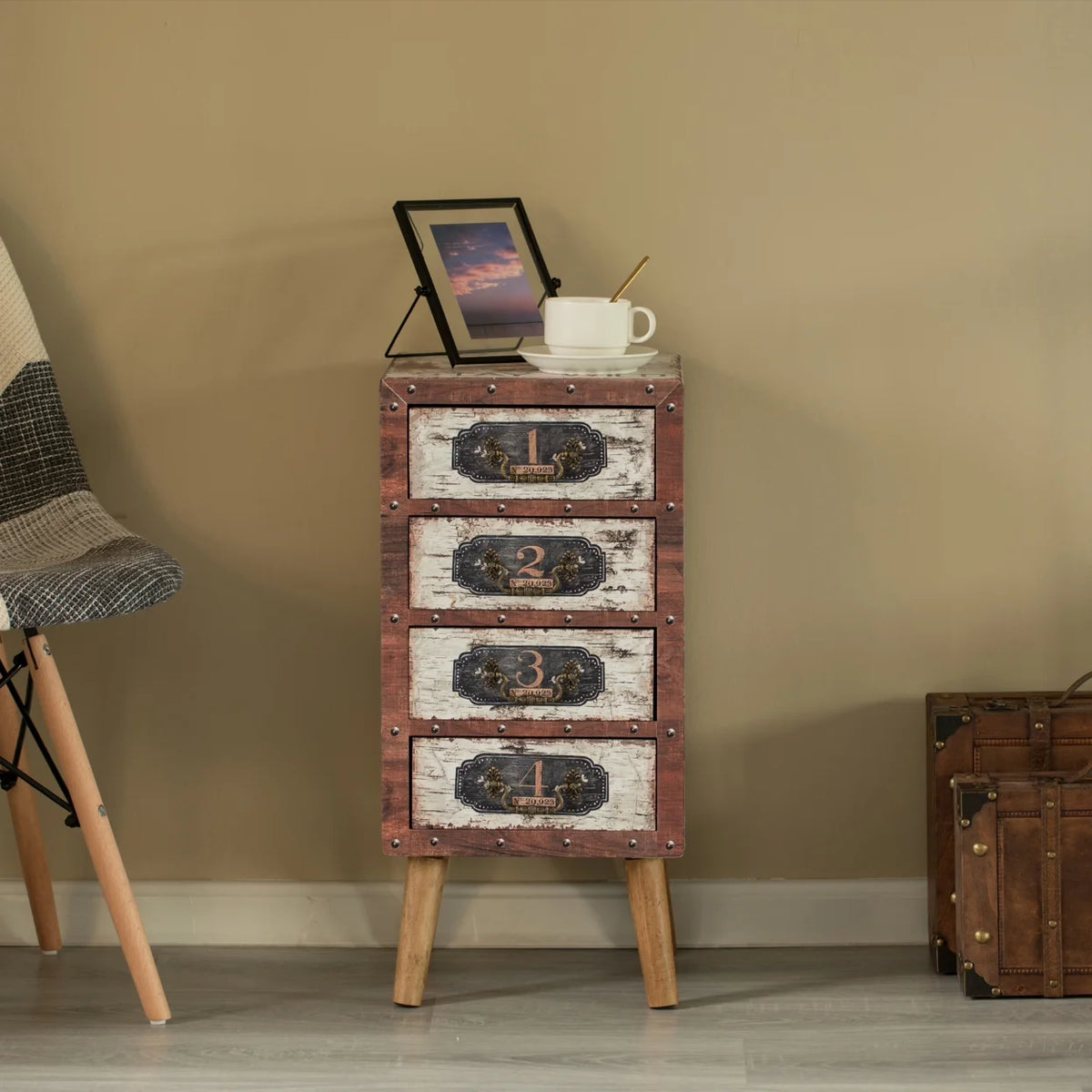 Antique Rustic Brown Wood Tallboy Chest with 4 Drawers C31746