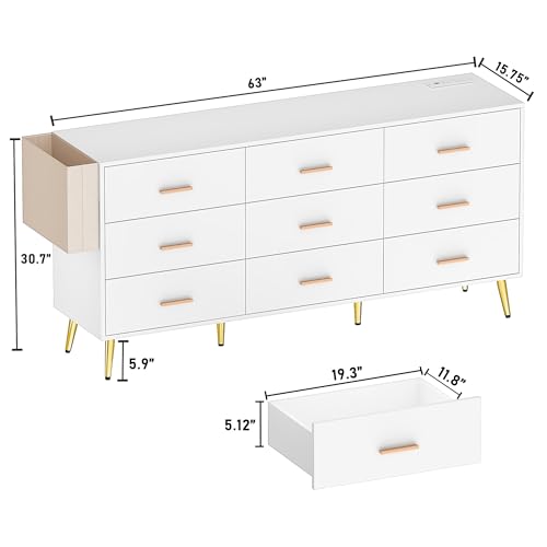 White 9 Drawer Wood Dresser with Charging Station U740