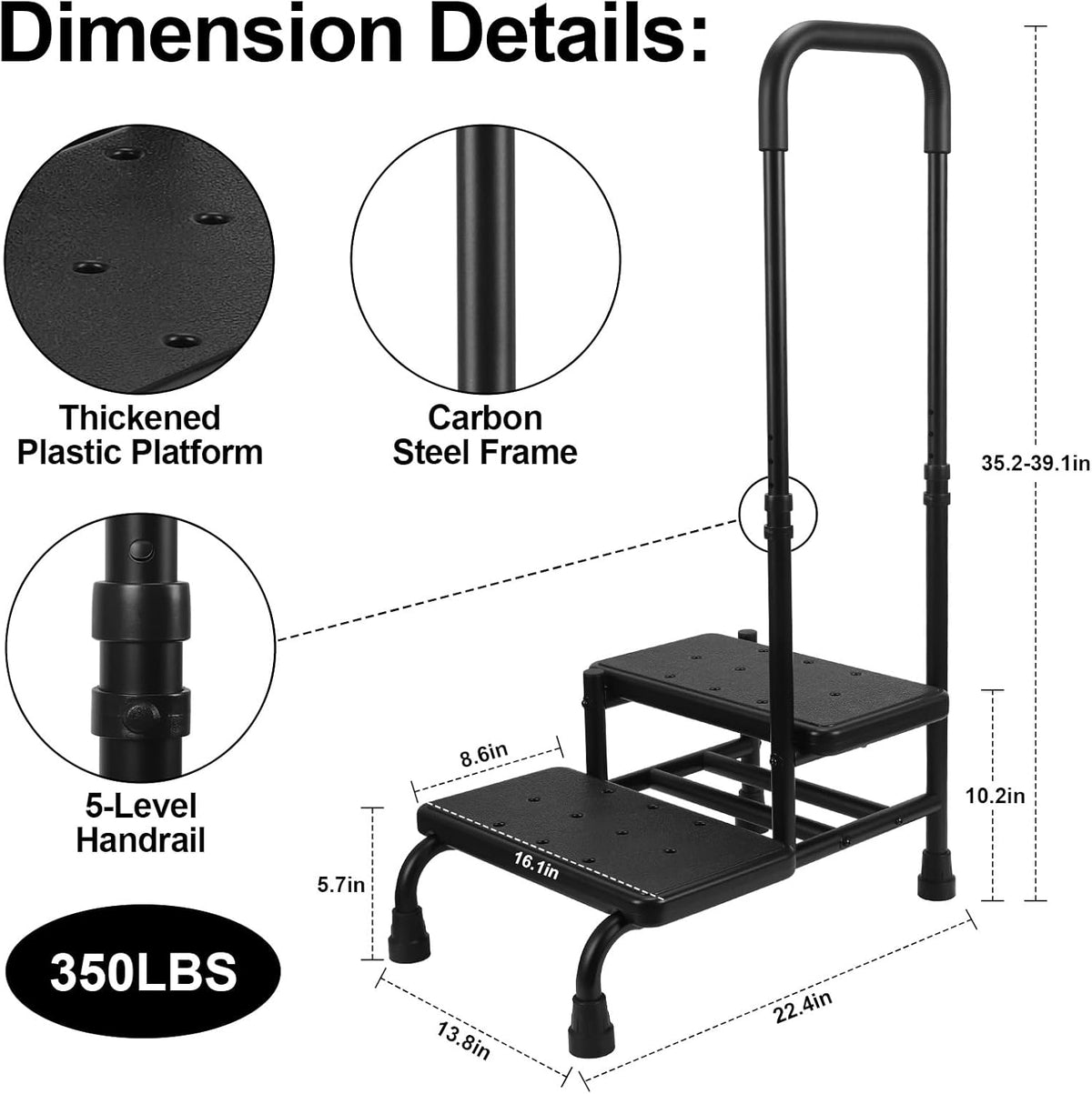 2 Step Stool with Handle, Heavy Duty Step Stool with 4 Fixing Buckle and Adjustable Handrail R672309